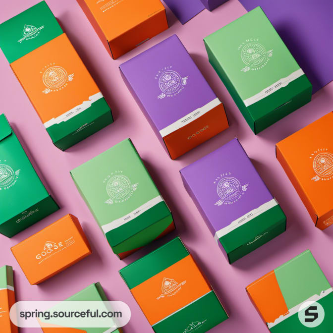 Stacked vibrant boxes in orange, green, and purple on a purple backdrop.