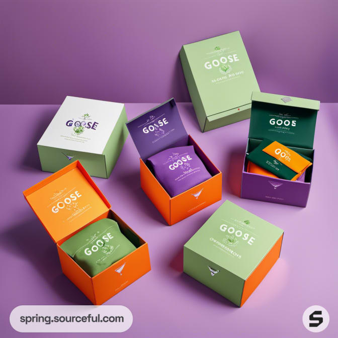 Colorful boxes with shirts inside on a purple background.