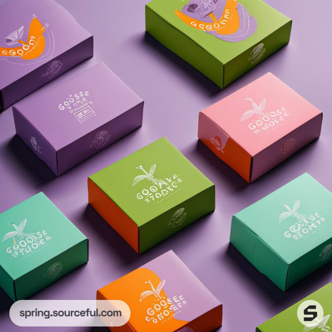 Purple, green, and orange packaging boxes on a purple surface.