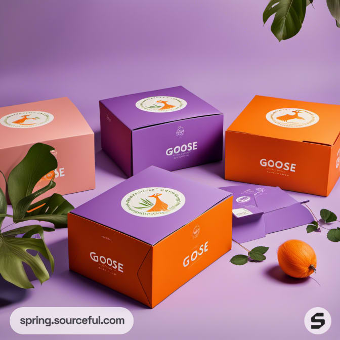 Assorted boxes in orange and purple on a purple surface with plants.