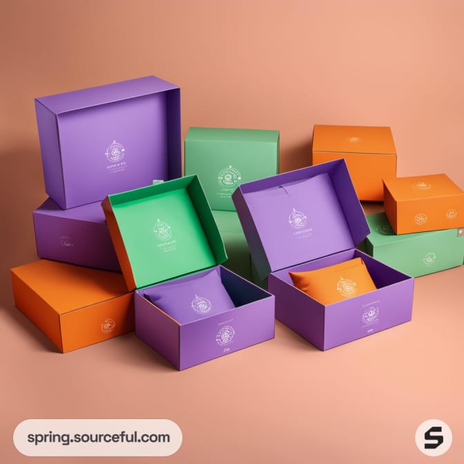 Stacked open boxes in purple and orange packaging.