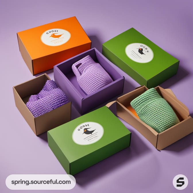 Orange and green boxes with knitted items inside on purple background.