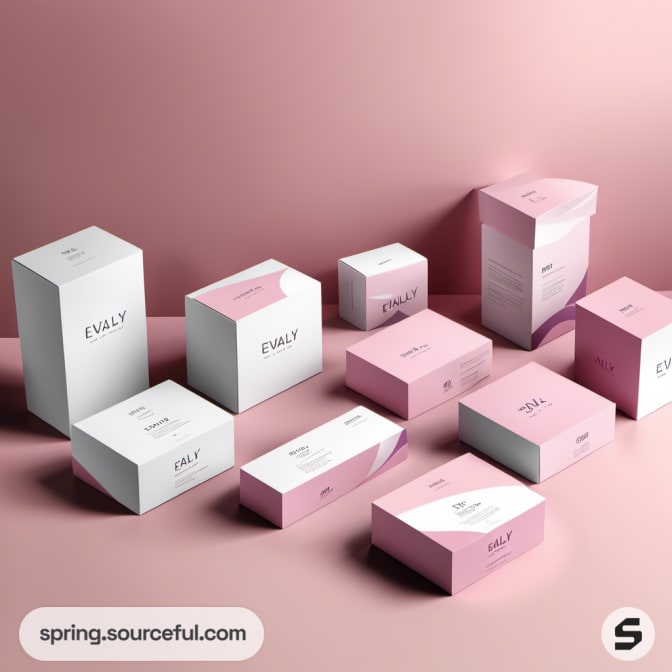 Assorted pink boxes on a pink backdrop.