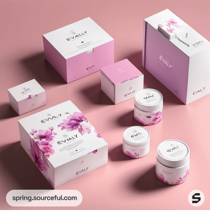 Floral-themed boxes on pink background.
