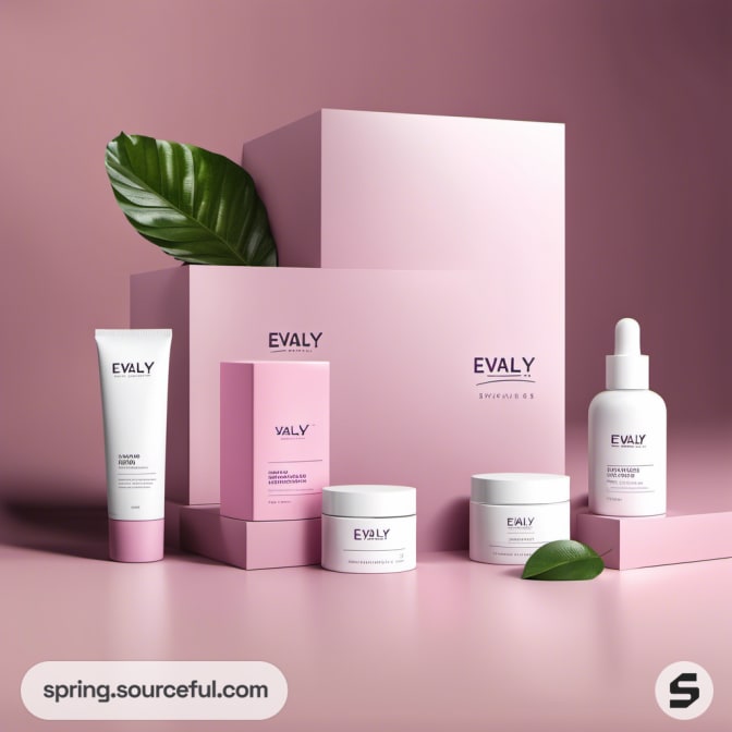 Cosmetic bottles and boxes on pink.