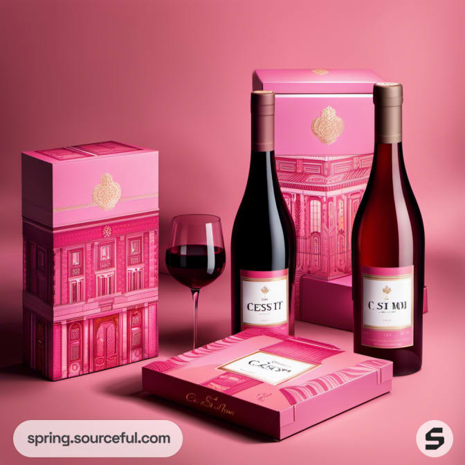 Pink and gold themed wine packaging with bottles and decorative boxes.