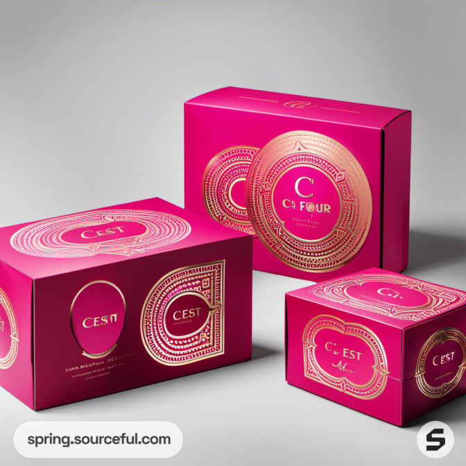 Pink boxes with intricate gold designs on a plain background.