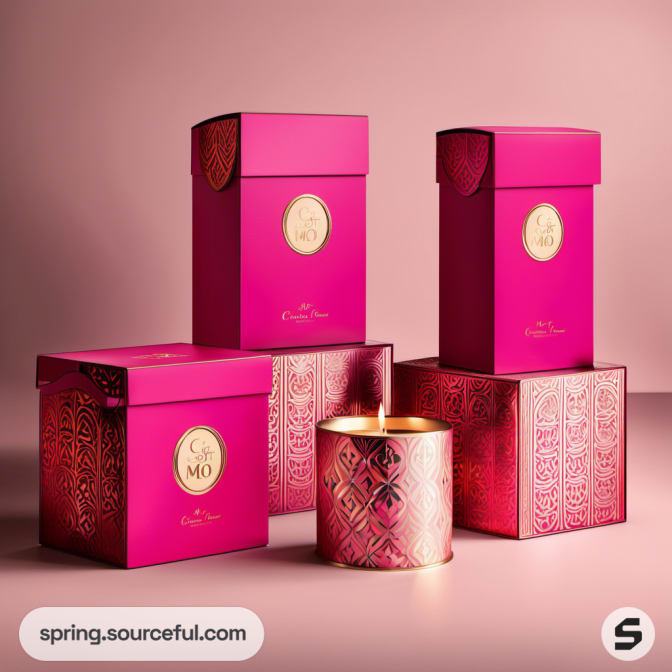 Tall pink boxes with a gold-themed candle on a pink surface.
