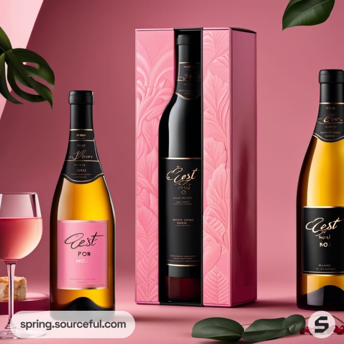 Elegant wine bottles with pink floral packaging and a glass.