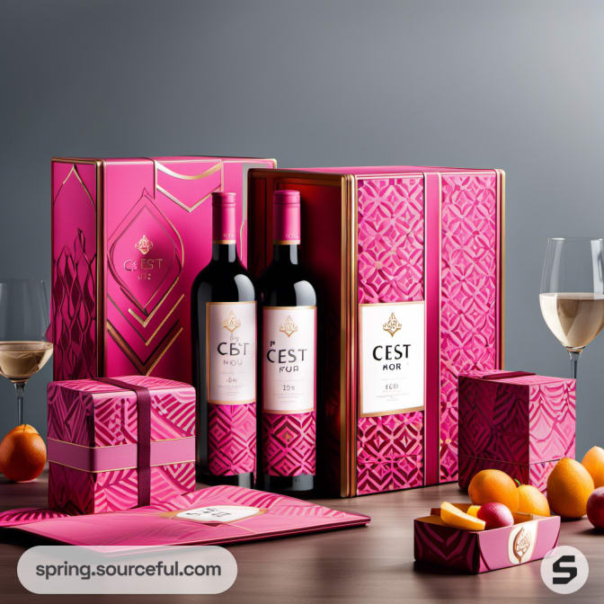 Wine bottles with pink detailed boxes and a variety of fruits.