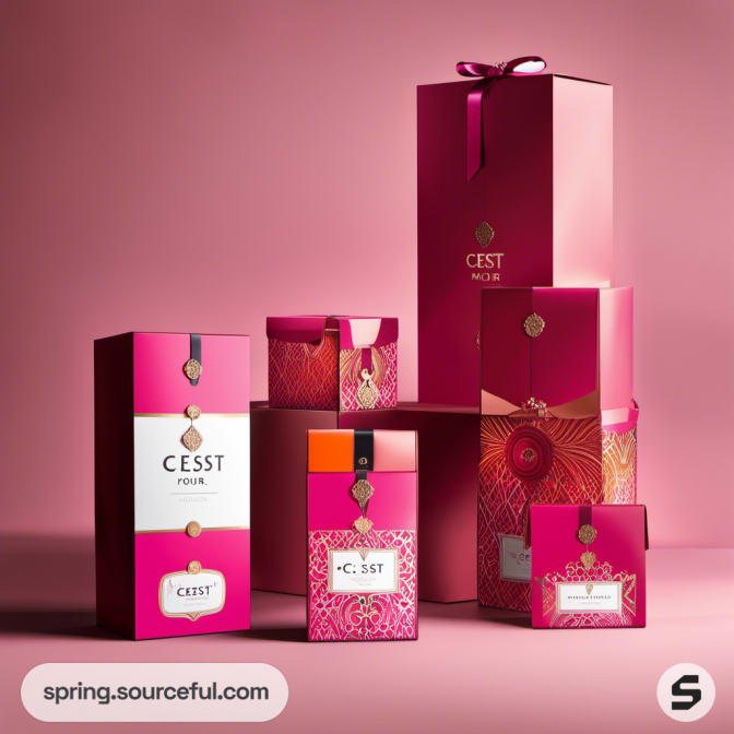 Assorted pink and gold boxes with wine theme on a pink backdrop.