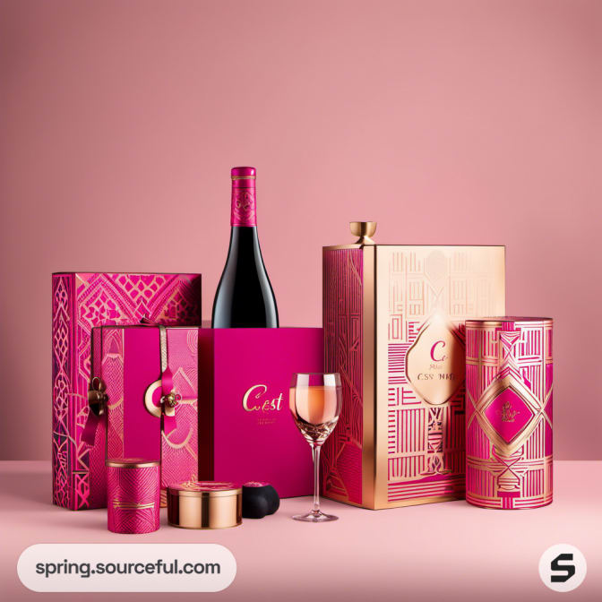 Luxurious pink and gold packaging with a wine bottle and glass.