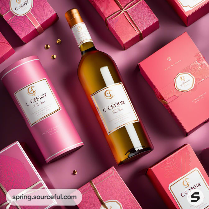 Single wine bottle surrounded by luxurious pink packaging.