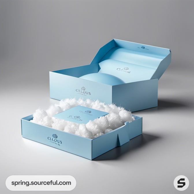 Blue mailing box with cloud-themed packaging inside.
