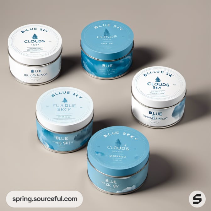 Five round tins with blue sky and clouds design.