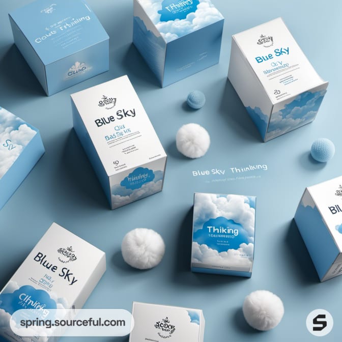 Various blue and white boxes with cloud patterns.