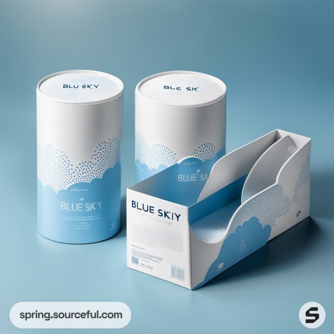 Tall cylindrical containers with blue sky theme.