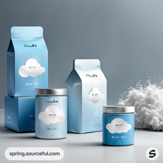 Assorted blue packaging with a cloud motif.