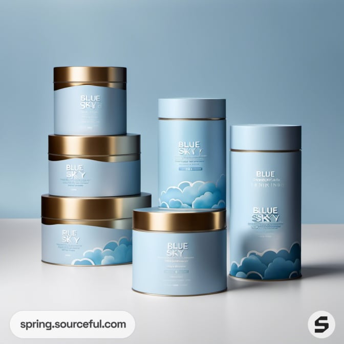 Blue cans with gold lids and cloud designs.