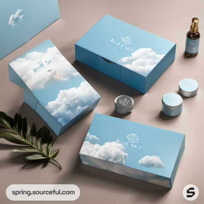 Blue sky themed boxes and small containers.