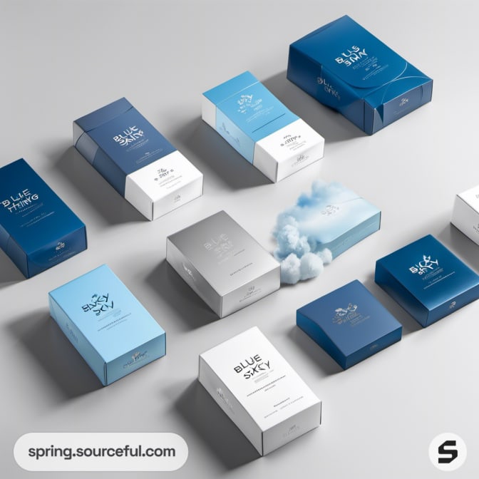 Assortment of blue and white boxes with clouds.