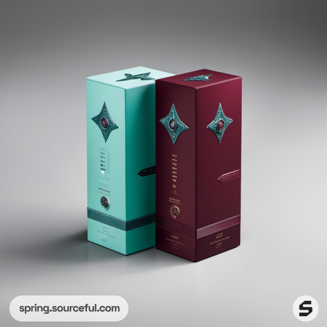 Tall teal and burgundy boxes with ornate patterns and designs.