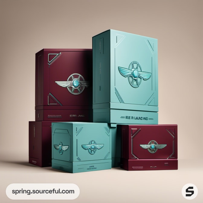 Stacked teal and burgundy boxes with wing emblems and designs.