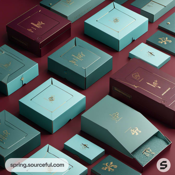 Assorted teal and burgundy boxes with minimalist golden designs.