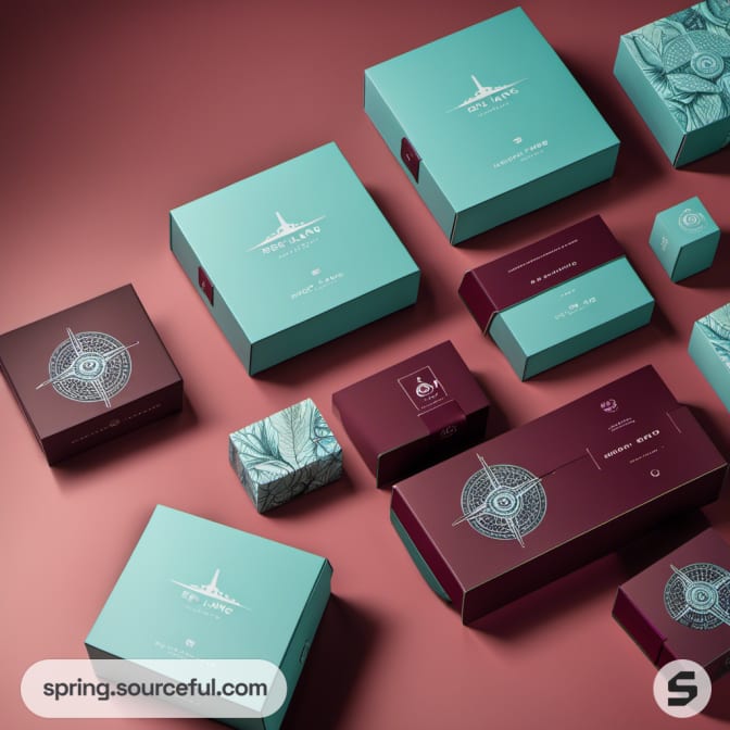 Teal and burgundy boxes with compass and nature motifs.