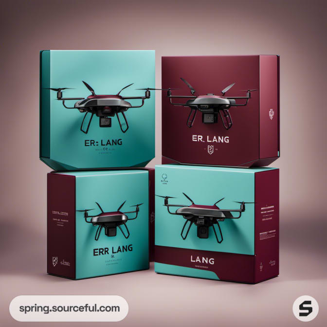 Drone packaging in teal and burgundy with illustrations.