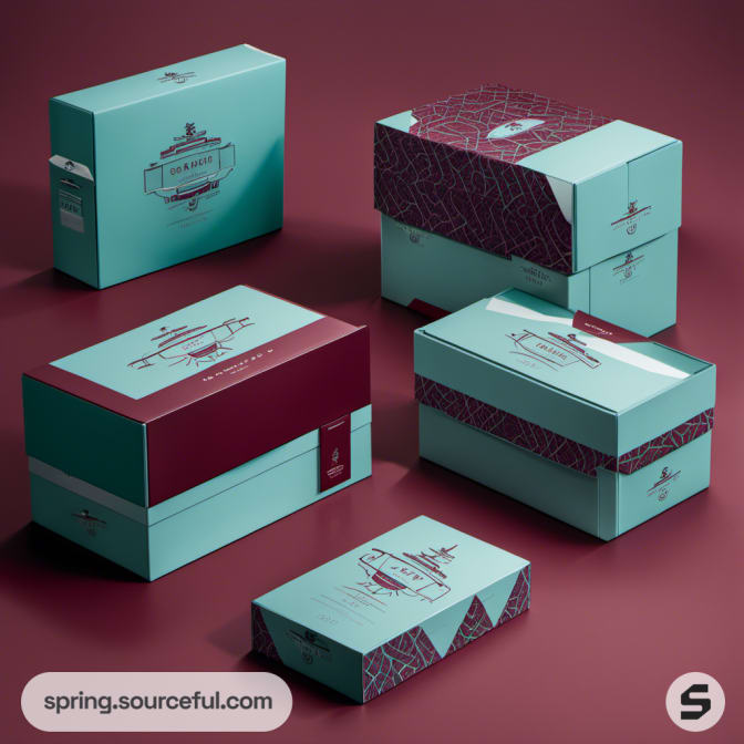 Teal and burgundy boxes with abstract patterns and stickers.