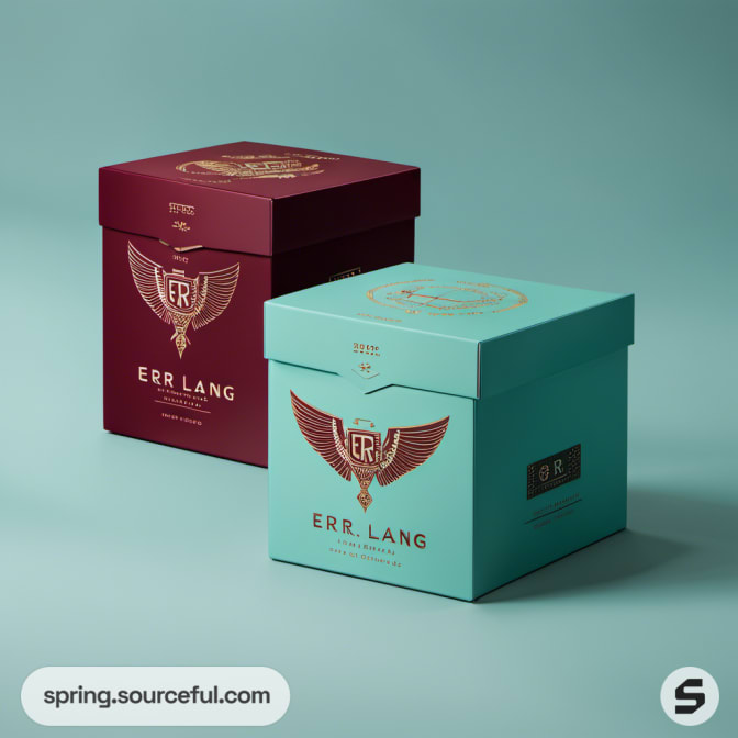 Square teal and burgundy boxes with bold wing logos.