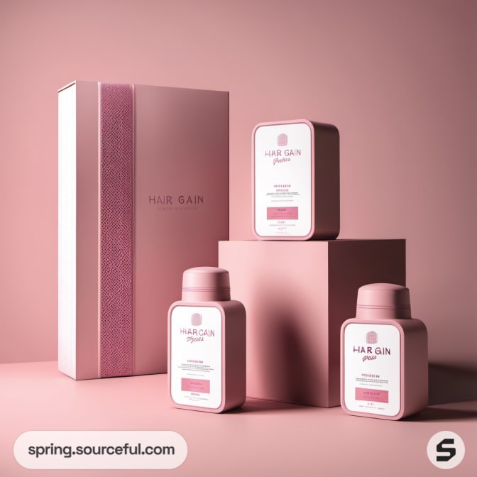 Trio of pink bottles with rectangular box on pink background.