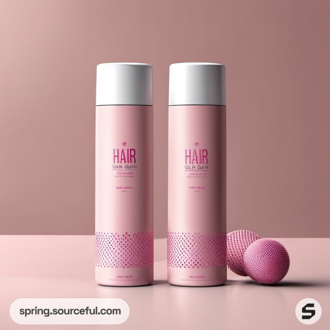 Two pink hair care cans with pink spheres on surface.