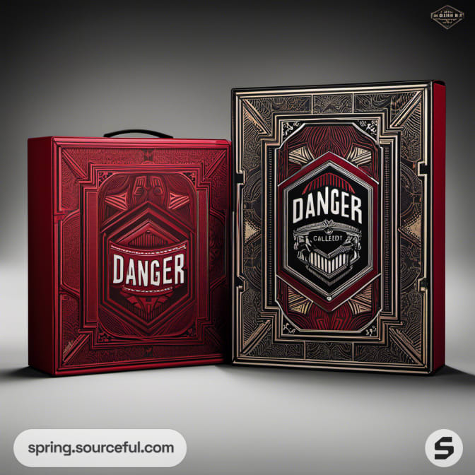 Red and black ornate box with 'Danger' label, intricate geometric design.
