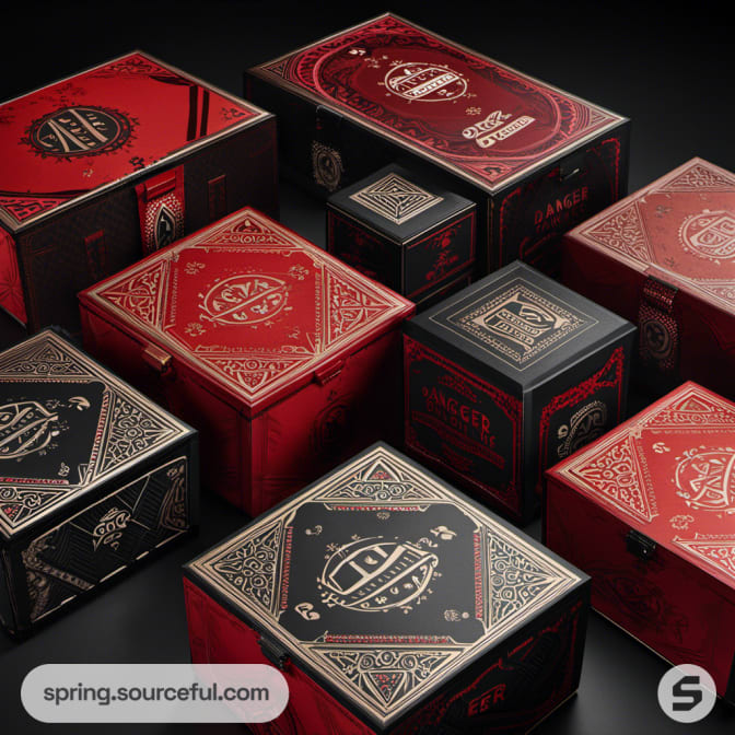Red and black boxes with detailed designs and 'Danger' label, varying sizes.