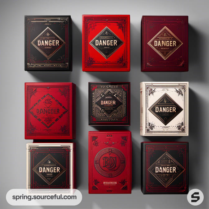 Nine boxes with 'Danger' label in red, black, and white, geometric patterns.