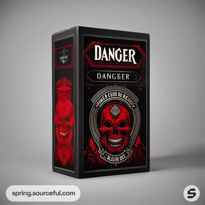 Tall black box with skull design and 'Danger' label, vintage style.