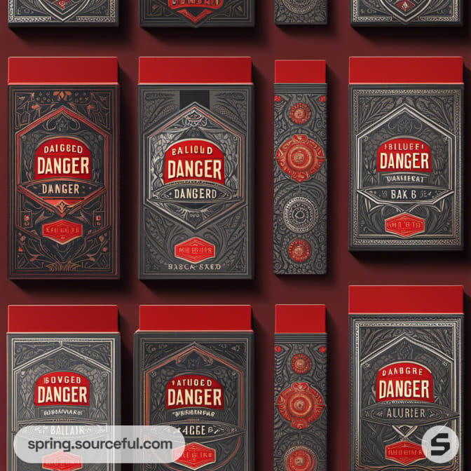 Set of red boxes with intricate patterns and 'Danger' label, mixed sizes.