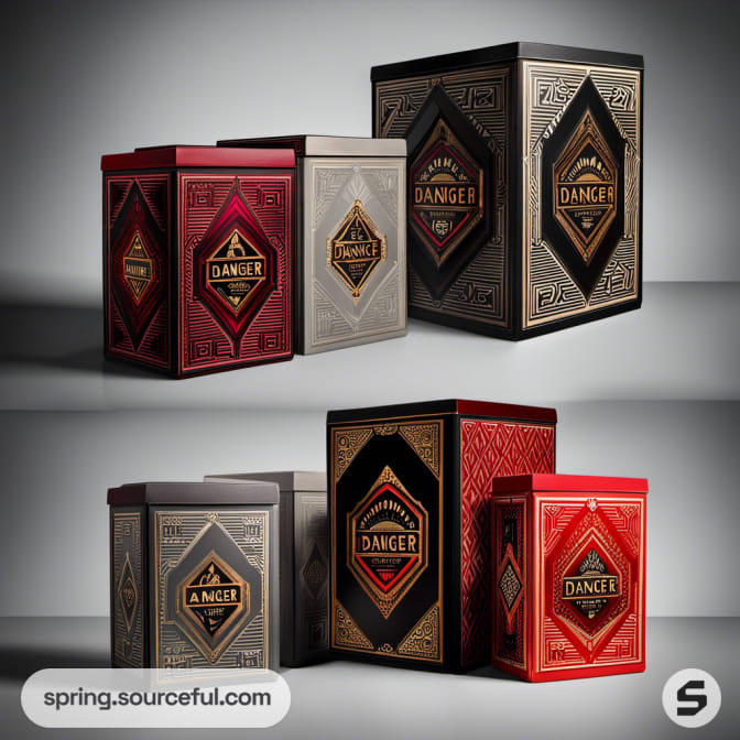 Elegant boxes in black, red, and gray with 'Danger' label, geometric style.