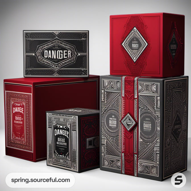 Four large and small boxes with ornate designs and 'Danger' label.