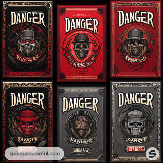 Six vintage-style boxes with skulls and 'Danger' label, red and gray tones.