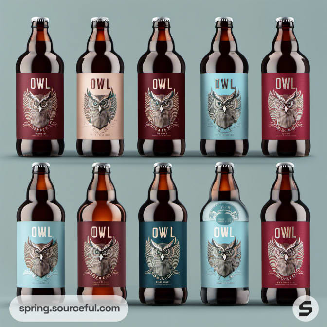 Assorted owl-themed beer bottles with maroon and turquoise labels.