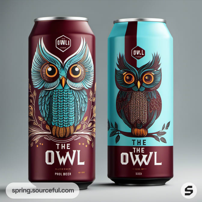 Two owl-themed beer cans, one in maroon, one in turquoise.