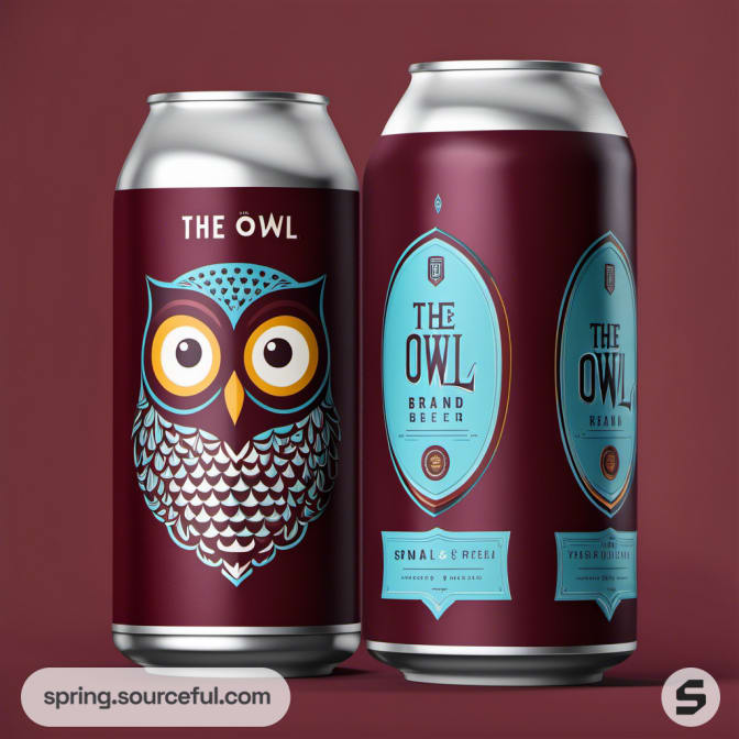 Maroon owl-themed beer cans with colorful owl illustration.