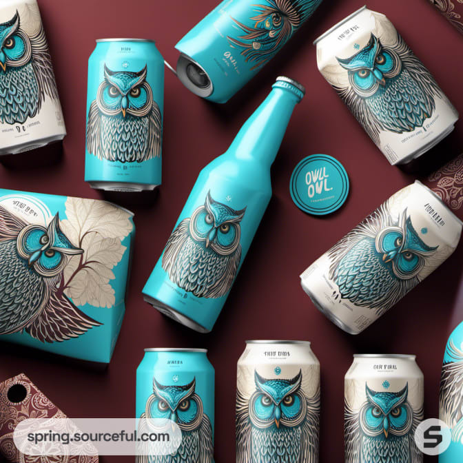 Owl-themed beer cans and bottle arranged on maroon background.