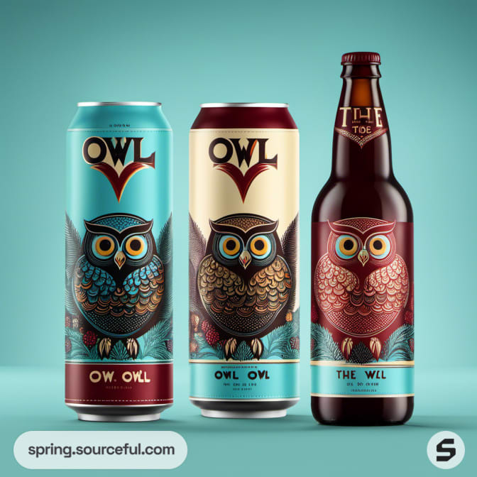 Three owl-themed beer cans in maroon and turquoise hues.