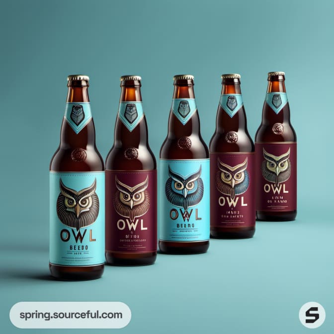 Row of owl-themed beer bottles with varying labels in maroon and turquoise.