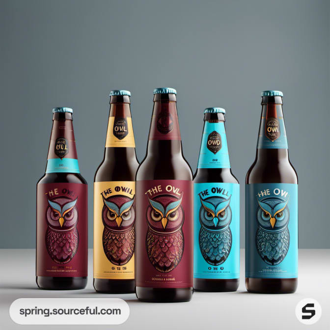 Five owl-themed beer bottles with colorful owl illustrations.