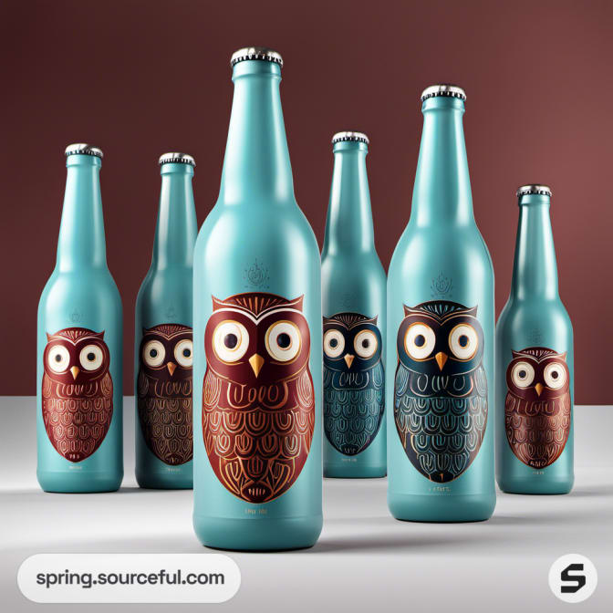Owl-themed turquoise beer bottles with colorful owl faces.